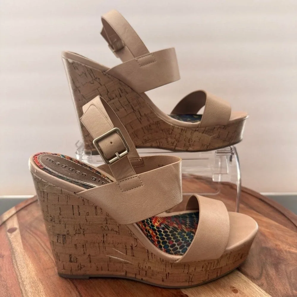 Madden Girl Elementt Tan Cork Platform Wedge Sandals Womens 7M Nude Boho Summer